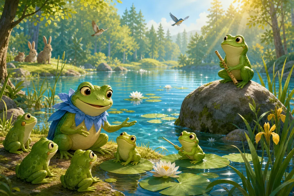 Des grenouilles vertes vivent heureuses autour d'un lac clair de la foret tandis qu'une petite equipe vigilante se tient sur un rocher proche