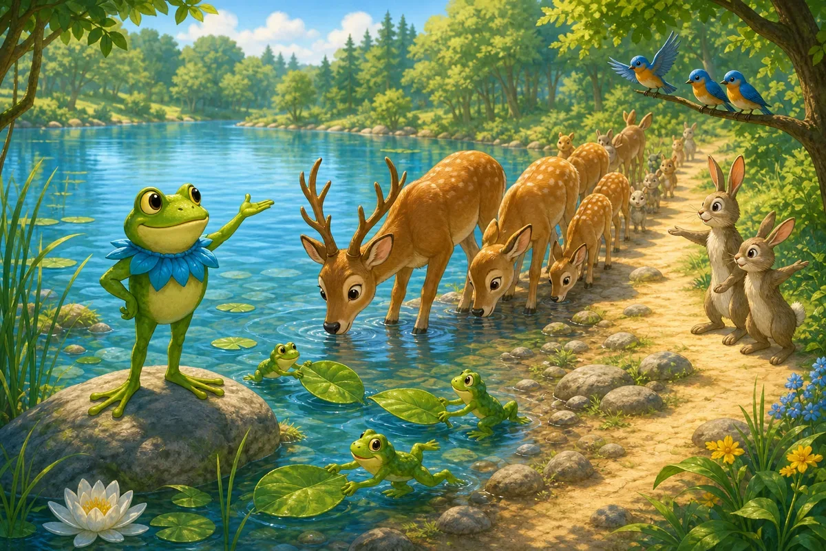 Des grenouilles organisees aident des cerfs assoiffes a boire au lac en file calme tandis que les oiseaux et les lapins guident le chemin
