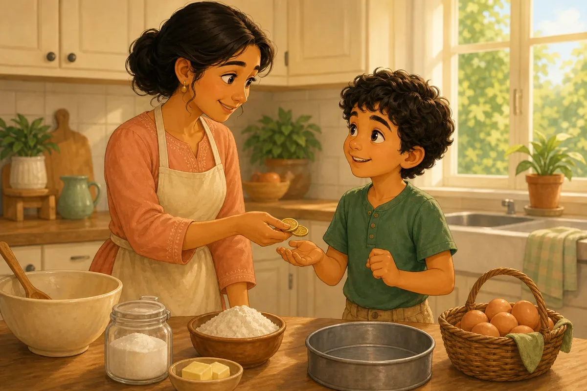 Omar stands in a warm kitchen while his mother gives him a few coins to buy eggs for a cake