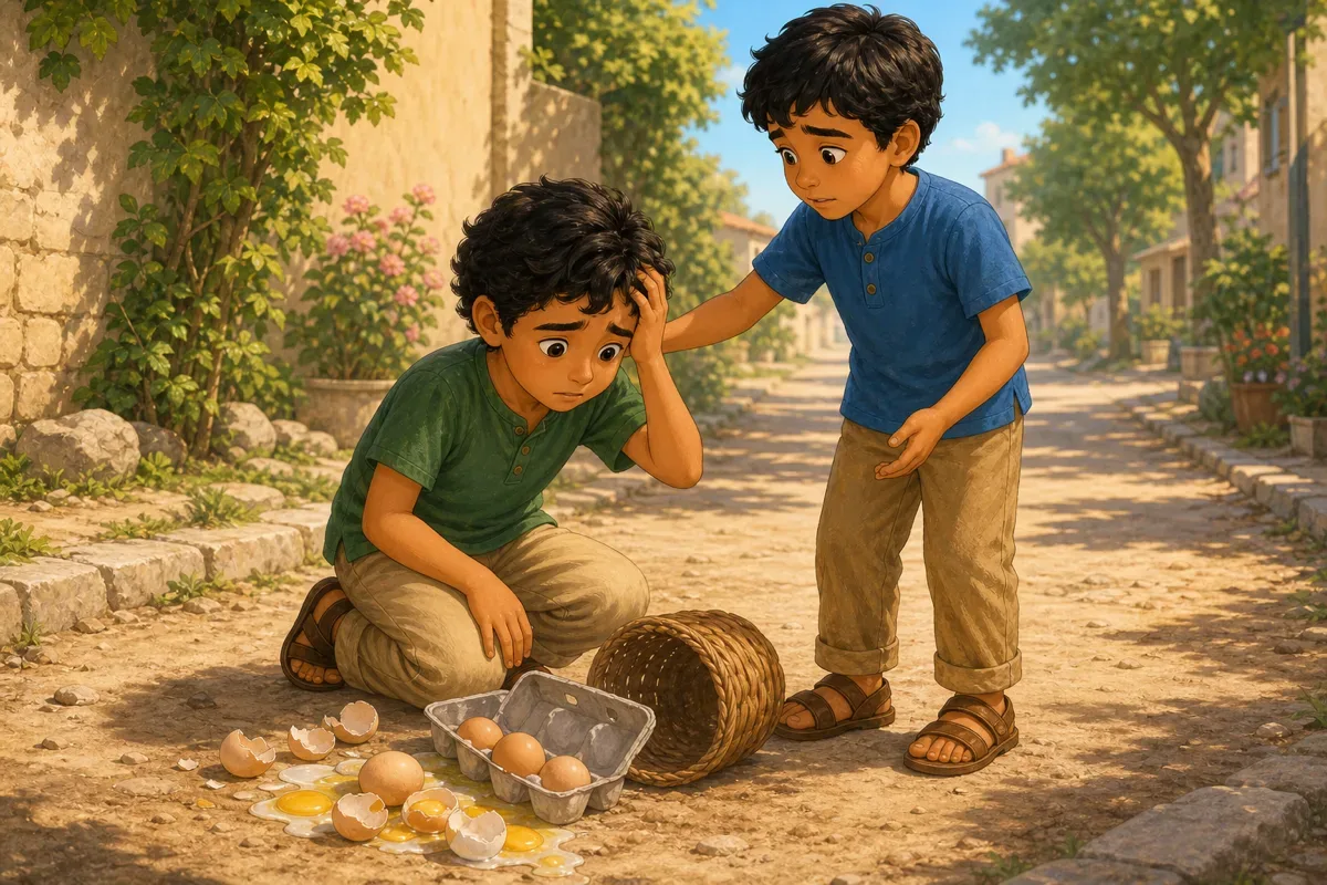 Omar and Sam stand beside a small basket of broken eggs near a small dip in the path