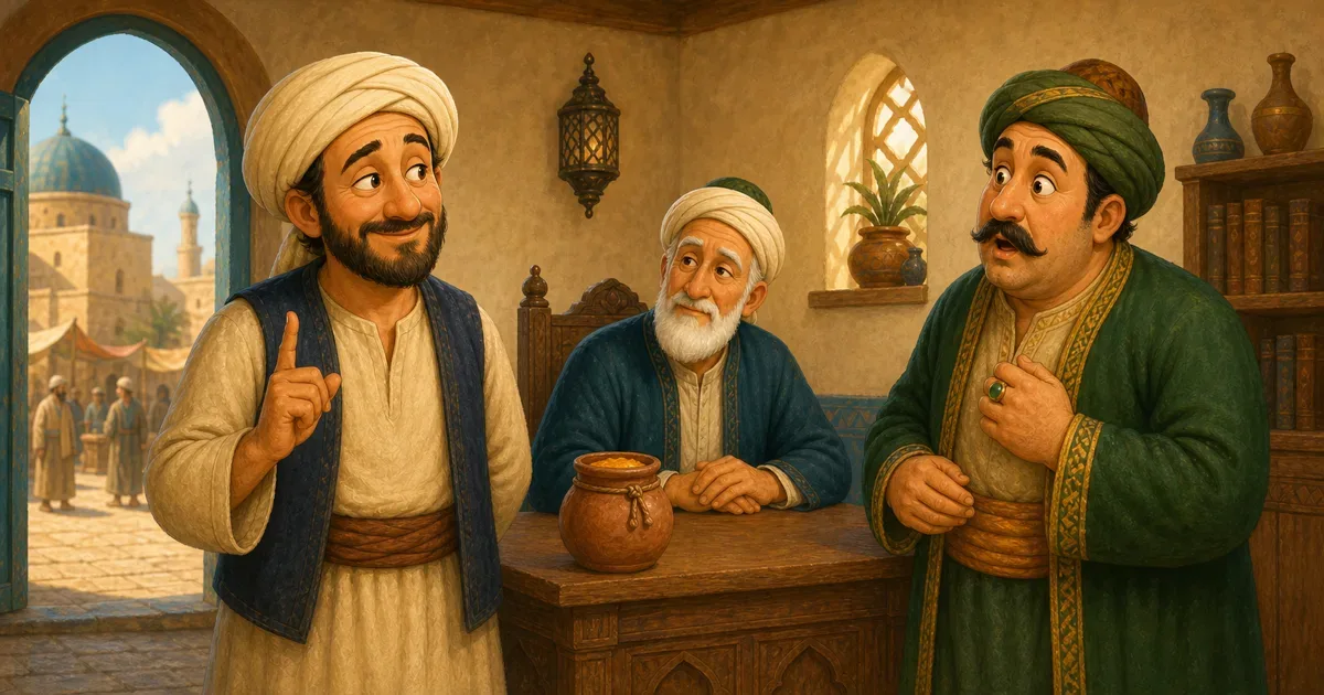 Nasreddin stands before a judge in a simple court with a gift jar covered with honey beside him