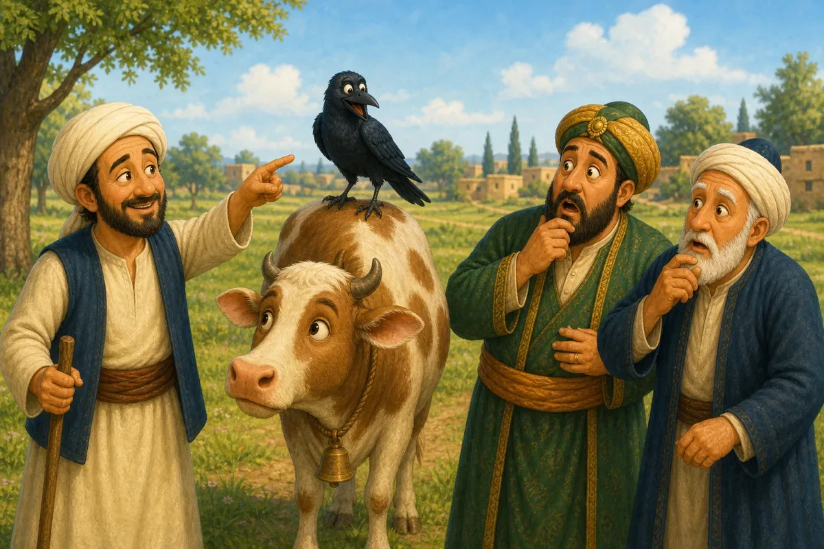 Nasreddin points toward a crow standing on a cow's back in a green field while the merchant and the judge look surprised