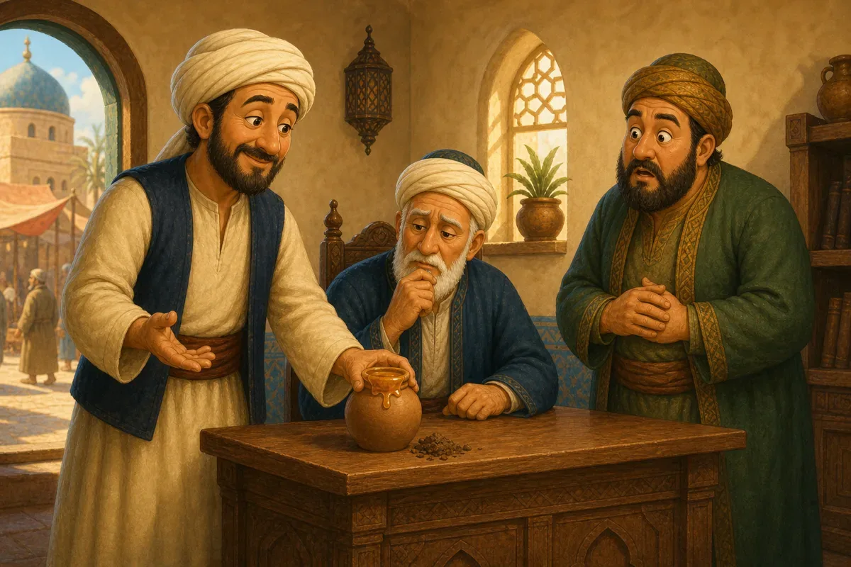 Nasreddin places a small jar on the judge's table while the judge looks at the honey on top with surprise and the merchant stands nearby