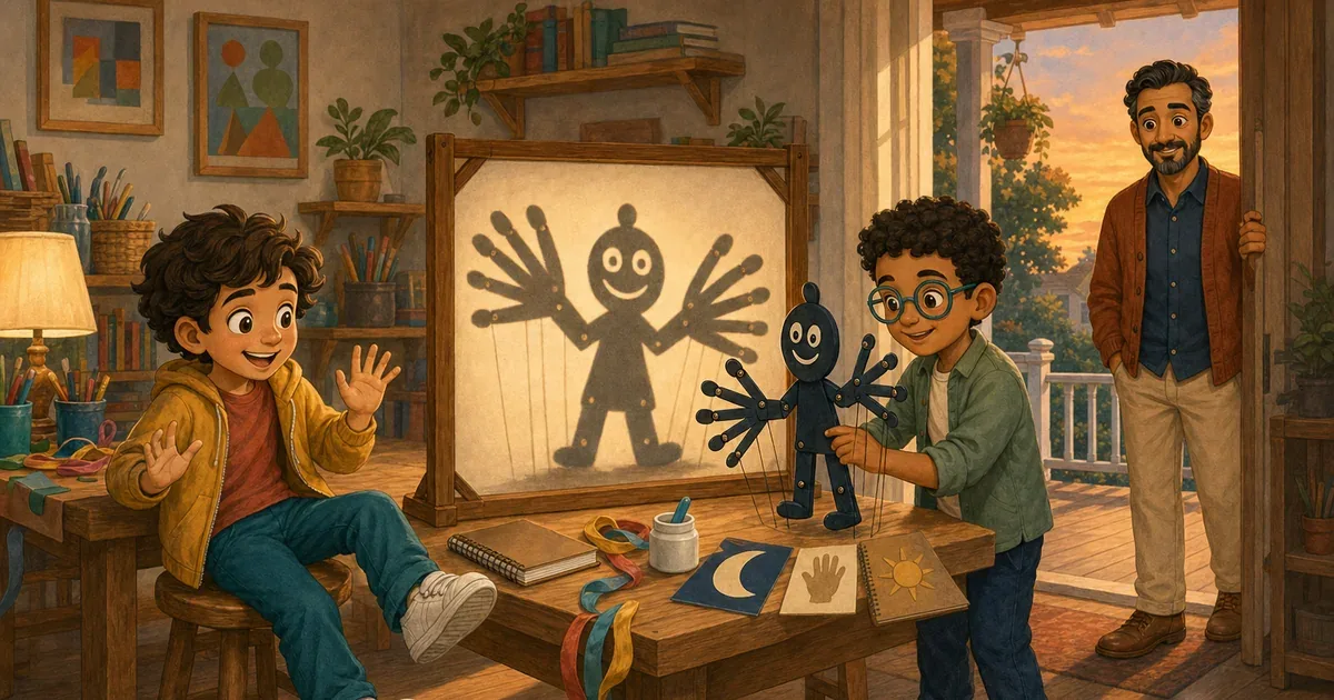 Sameh is surprised by a long-fingered paper puppet shadow during a bright and safe theater rehearsal