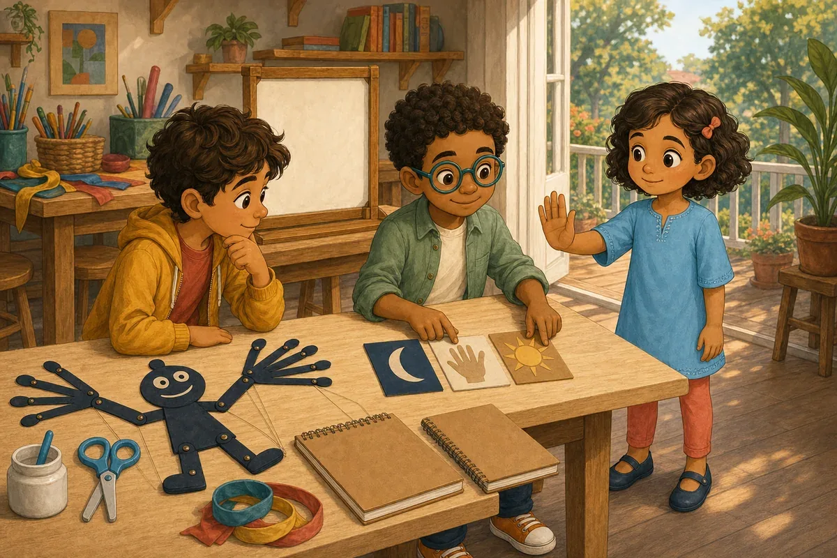Sameh and Rami build a long-fingered paper puppet while Laila demonstrates the open-palm pause signal