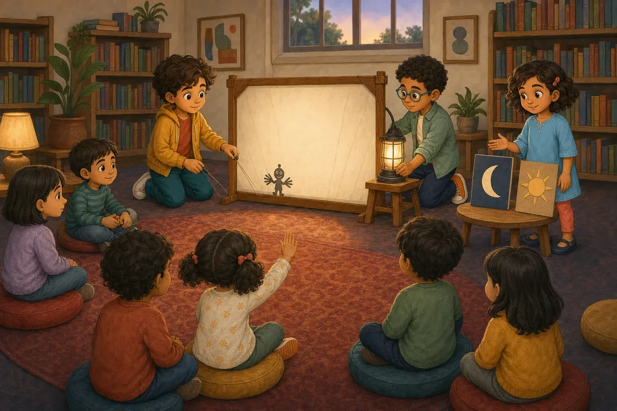 Sameh pauses the long-fingered shadow puppet when a child signals, ready to continue from a comfortable distance