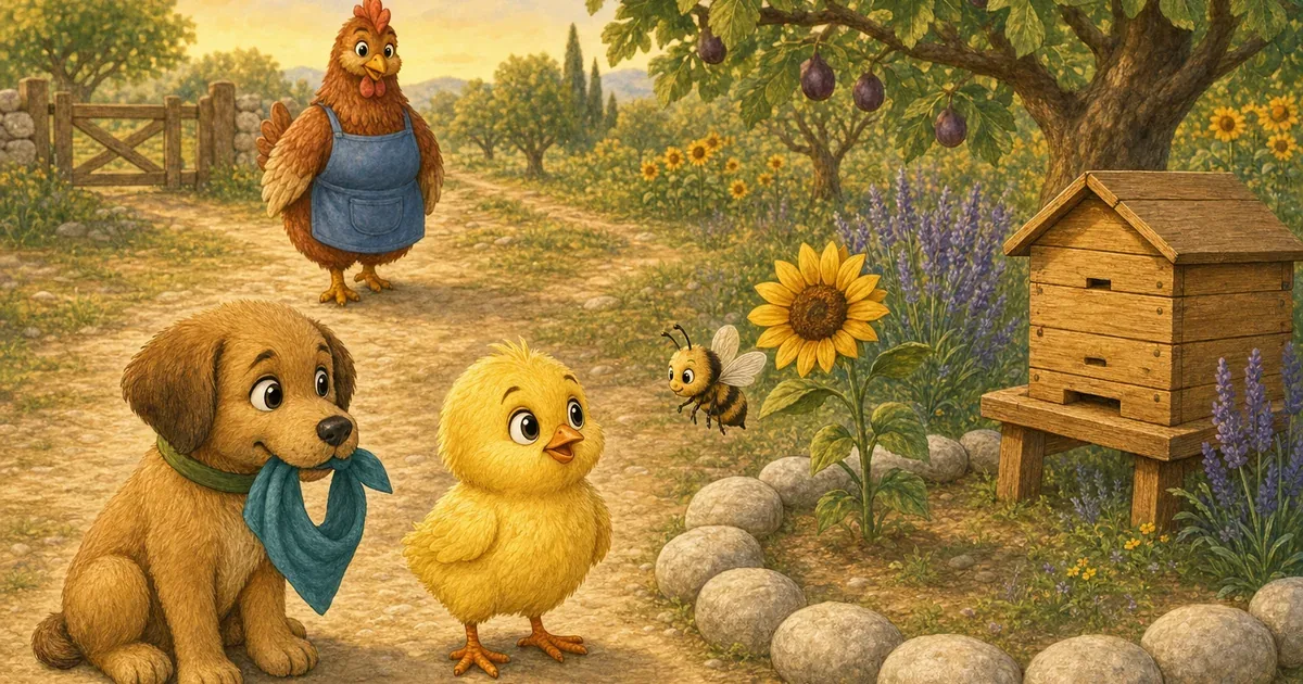 Le poussin Soso recule calmement devant la limite de la ruche pendant que Luma l'abeille lui explique le courage réfléchi