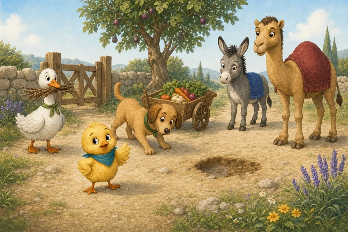 Soso avance fièrement sur le chemin tandis que Nora l'oie, Barq le chien, Farhan l'âne et Sahab le dromadaire le regardent avec calme