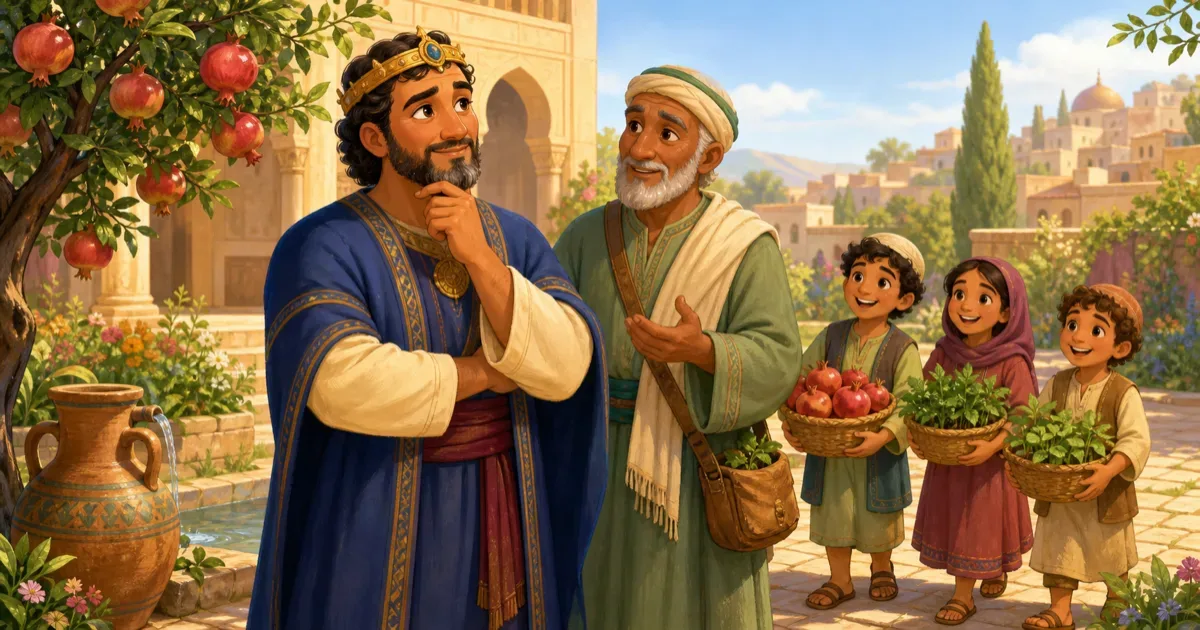 Der verwirrte Koenig steht mit dem weisen Salim im Palastgarten, waehrend Kinder Obstkoerbe tragen