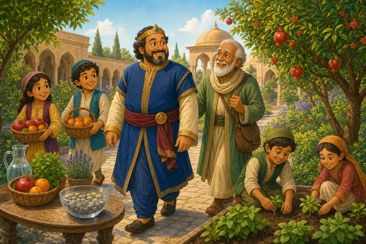 Der Koenig laechelt und geht mit dem weisen Salim und Kindern mit Obstkoerben und gruenen Setzlingen durch den Palastgarten