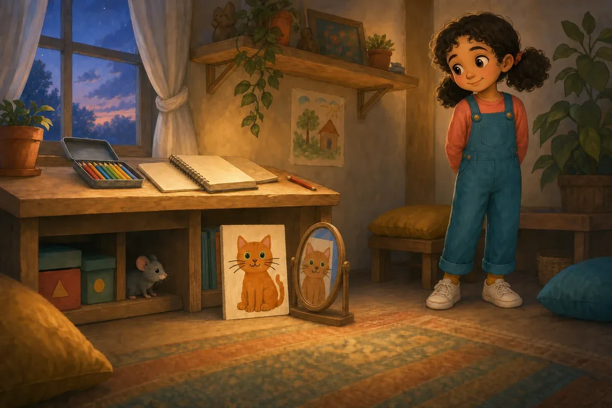 Mariam sets an orange paper cat and a mirror beside her desk while the little mouse watches cautiously from a safe gap
