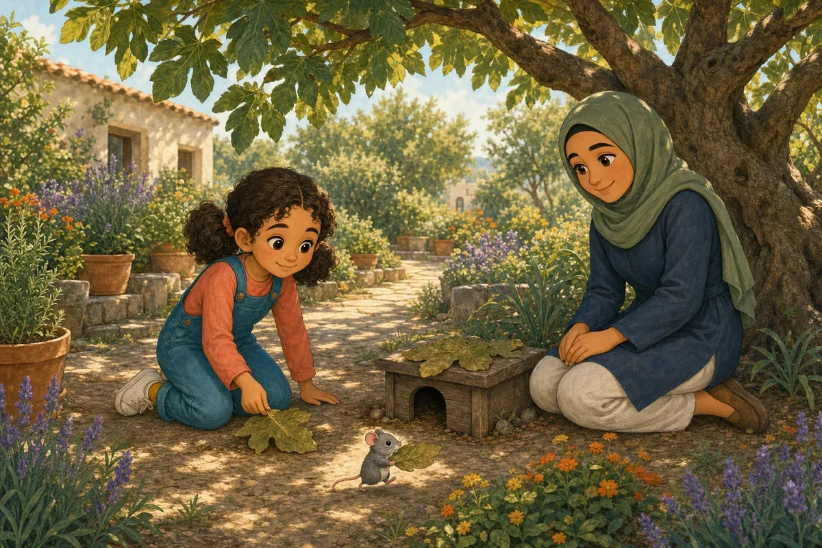 Mariam and her mother arrange a small wooden shelter beneath the fig tree while the gray mouse carries a dry leaf to his new home