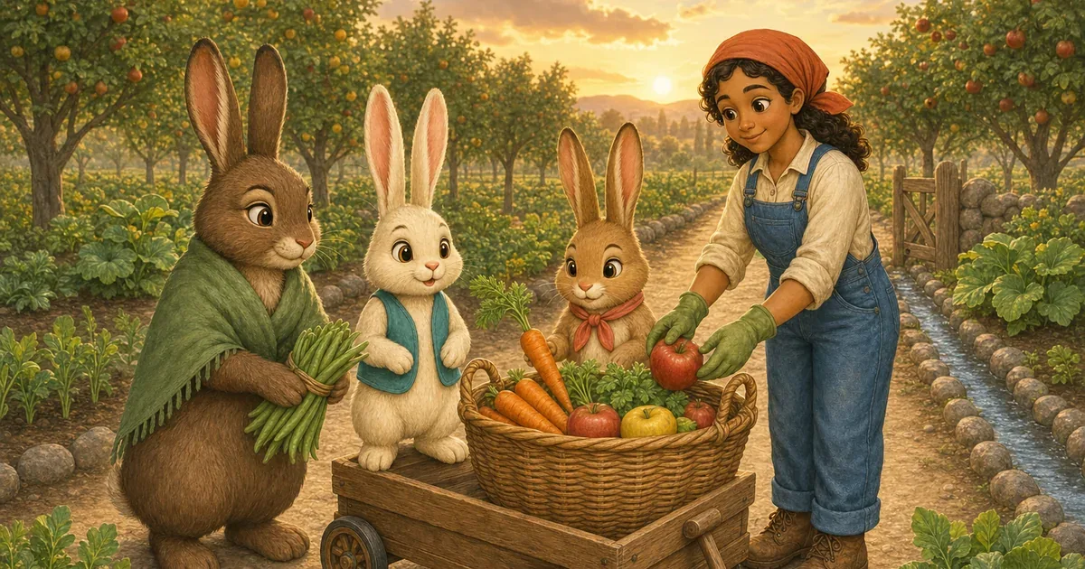 Rami and Rama, now with long attentive ears, help restore the harvest basket in the orchard