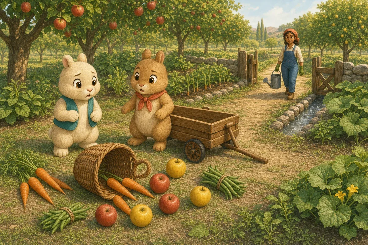 Rami and Rama with short ears stare at the harvest basket that has slipped from the cart and scattered vegetables safely across the grass