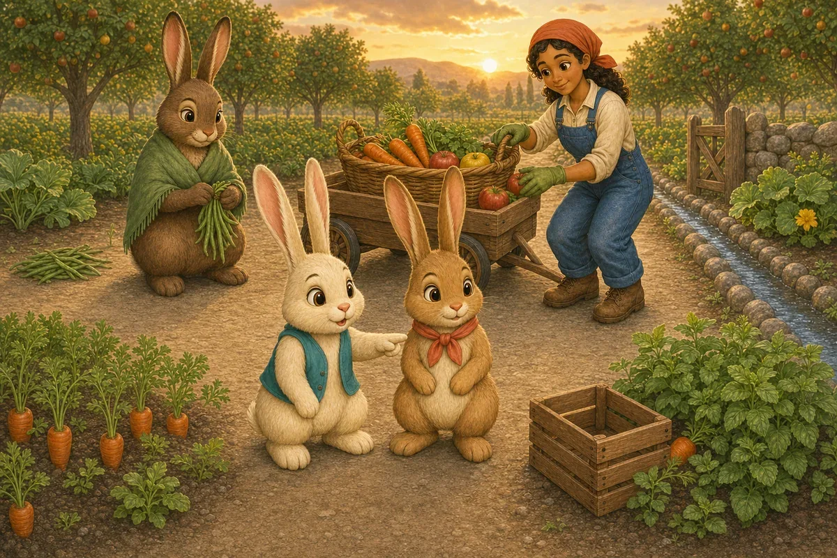 Rami and Rama, whose ears have grown long, listen for the last carrot while Warda and Salma help return the harvest to the basket