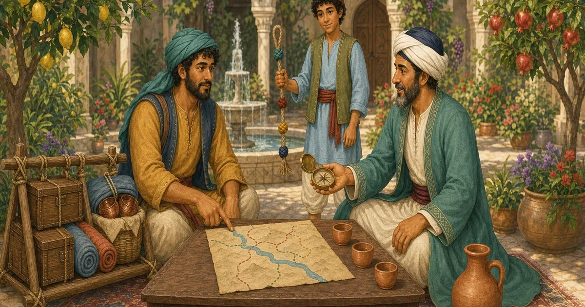 Sindbad le Porteur et Sindbad le Marin échangent cartes et récits de voyage dans un jardin de Bagdad