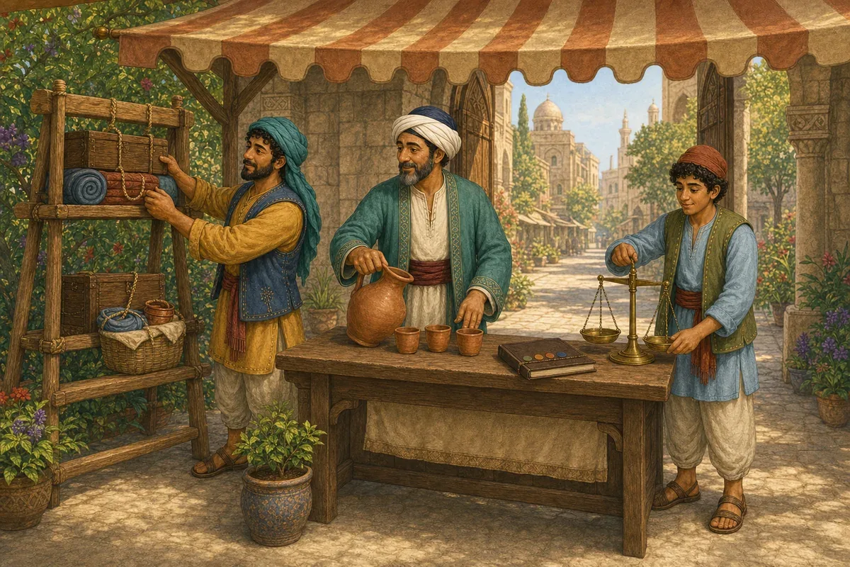 Die beiden Sindbads und Tariq richten am Gartentor einen schattigen Ruheplatz mit Wasserkrug, Paketregal und gut sichtbarer Waage ein