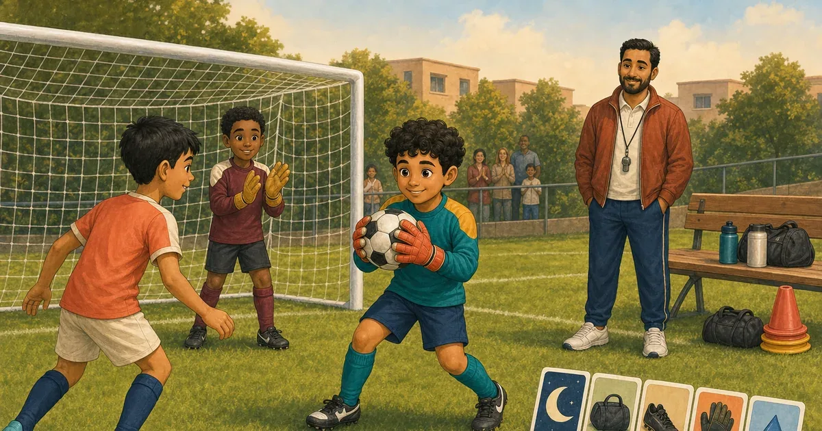 Yasser, le gardien, capte fermement le ballon à l'entraînement sous les encouragements de son équipe