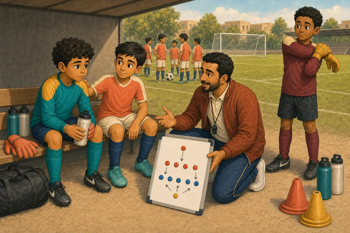 Yasser sits calmly at halftime while Coach Karim reviews goalkeeper and defender positions and Omar prepares to enter