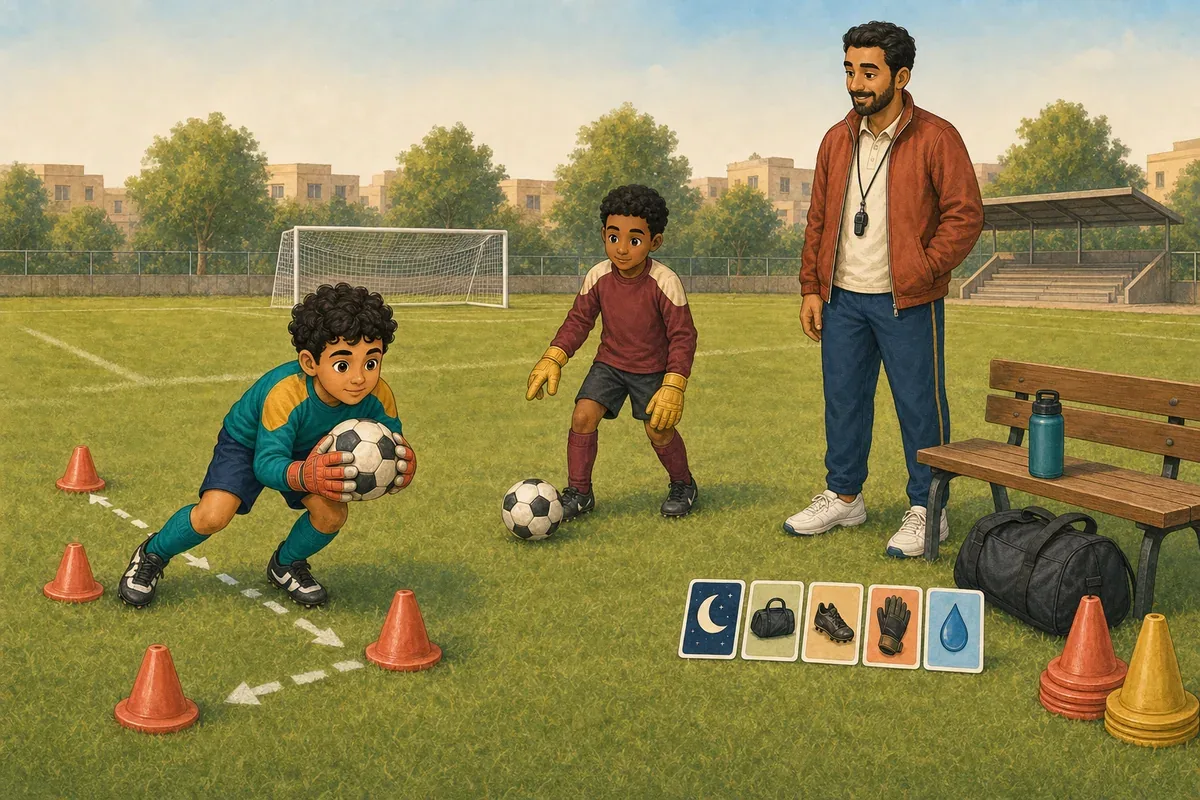 Yasser and Omar practice goalkeeper footwork and low saves while Coach Karim guides their safe, gradual routine